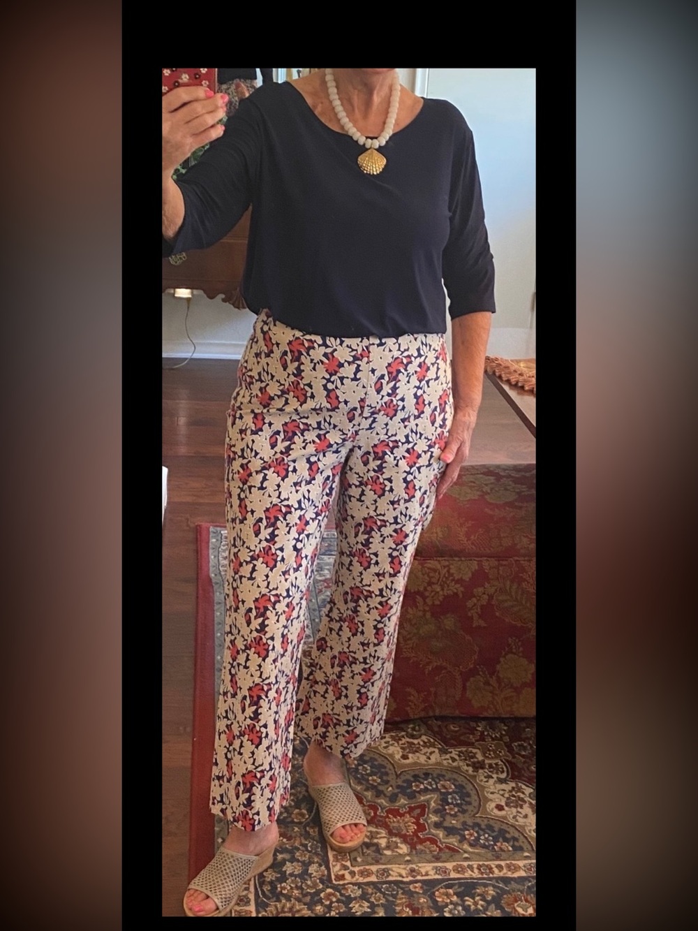 Chico's Floral Wide-Leg Pants in Navy, Cream & Coral